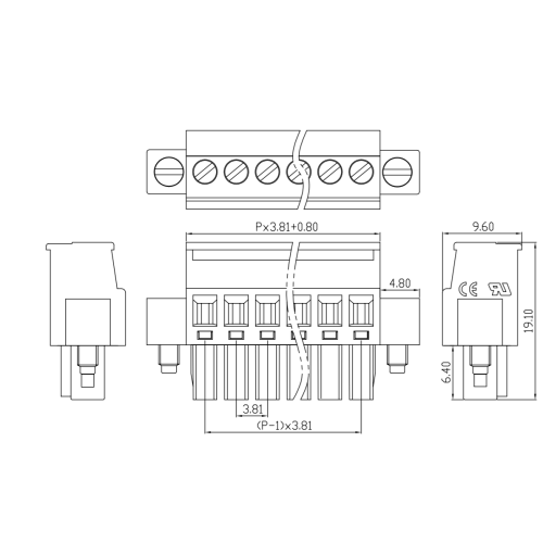 이어 나사 플러그인 측면 수직 단자 블록 B 플러그가있는 3.81mm 피치